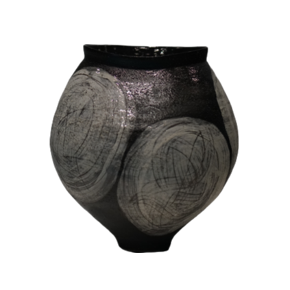 black and grey wabi-sabi style circle ink art abstract artist handmade ceramic vase 25x23cm