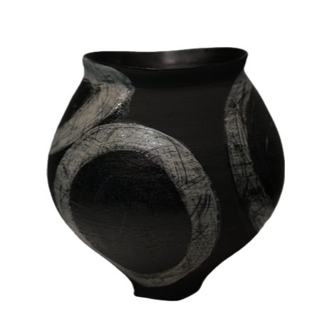black and beige wabi-sabi style circle ink art abstract artist handmade ceramic vase 25x23cm