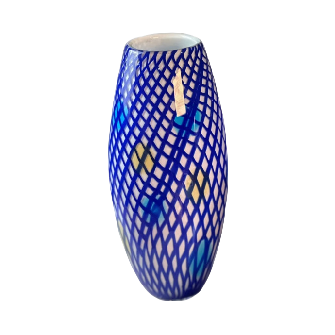 Blue White Yellow handmade hand blown Artist heavy colored glaze glass vase 35x15cm