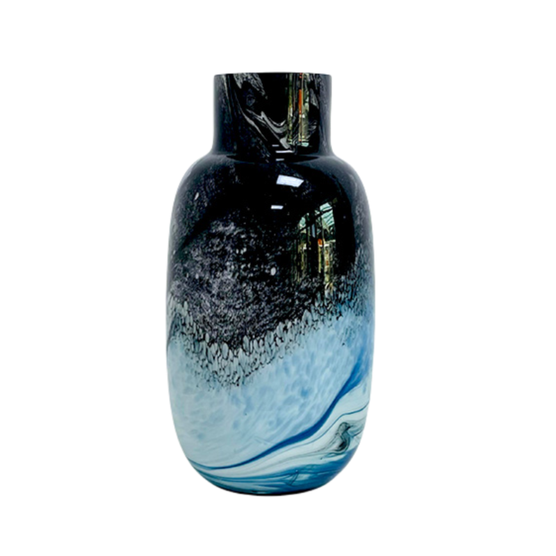 Blue black abstract oil painting handmade hand blown vase 28.5x14.5cm