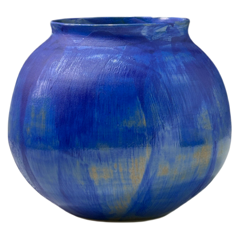 Blue rustic wabi-sabi style artist handmade carved scupltural ceramic vase 20x20cm