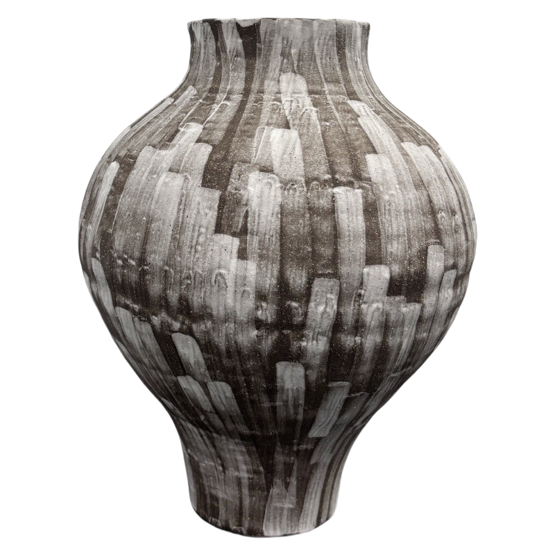 Brown grey color rustic wabi-sabi style artist handmade carved scupltural ceramic vase 34.5x15cm