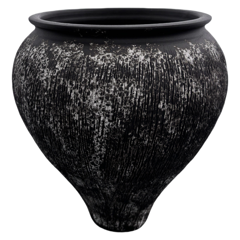 Black and white rustic wabi-sabi style artist handmade carved scupltural ceramic vase 28x20cm