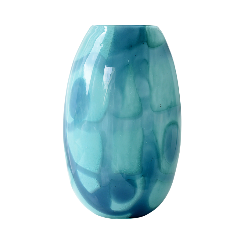 Blue abstract oval handmade hand blown glass vase 31x19cm