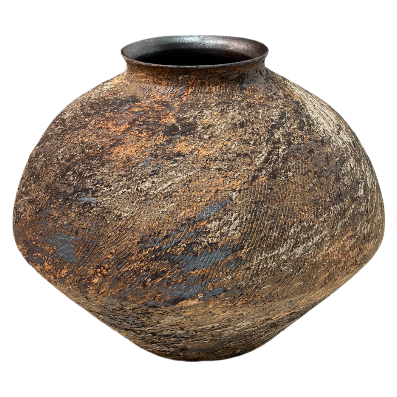Brown coarse pottery art rustic wabi-sabi style zen art artist handmade carved scupltural ceramic vase 21x22cm