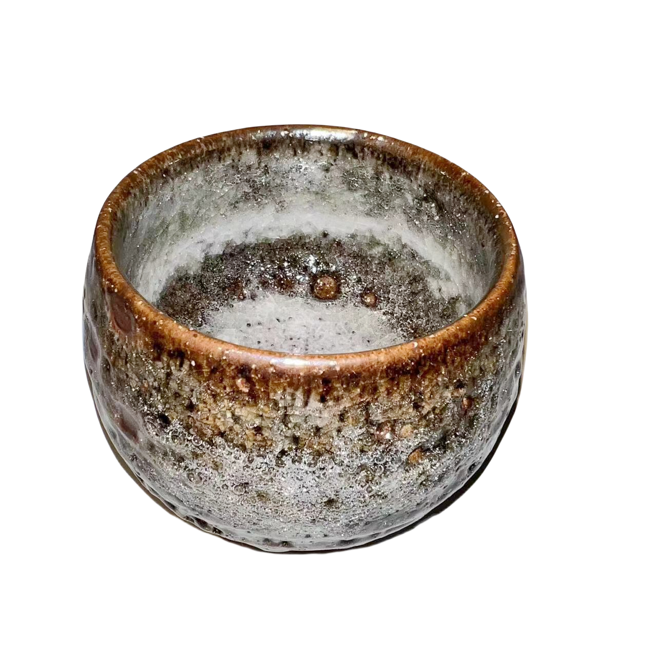 Grey Shino ware 志野焼, Shino-yaki klin transformed abstract artist round handmade ceramic tea cup 6.5x7.5cm
