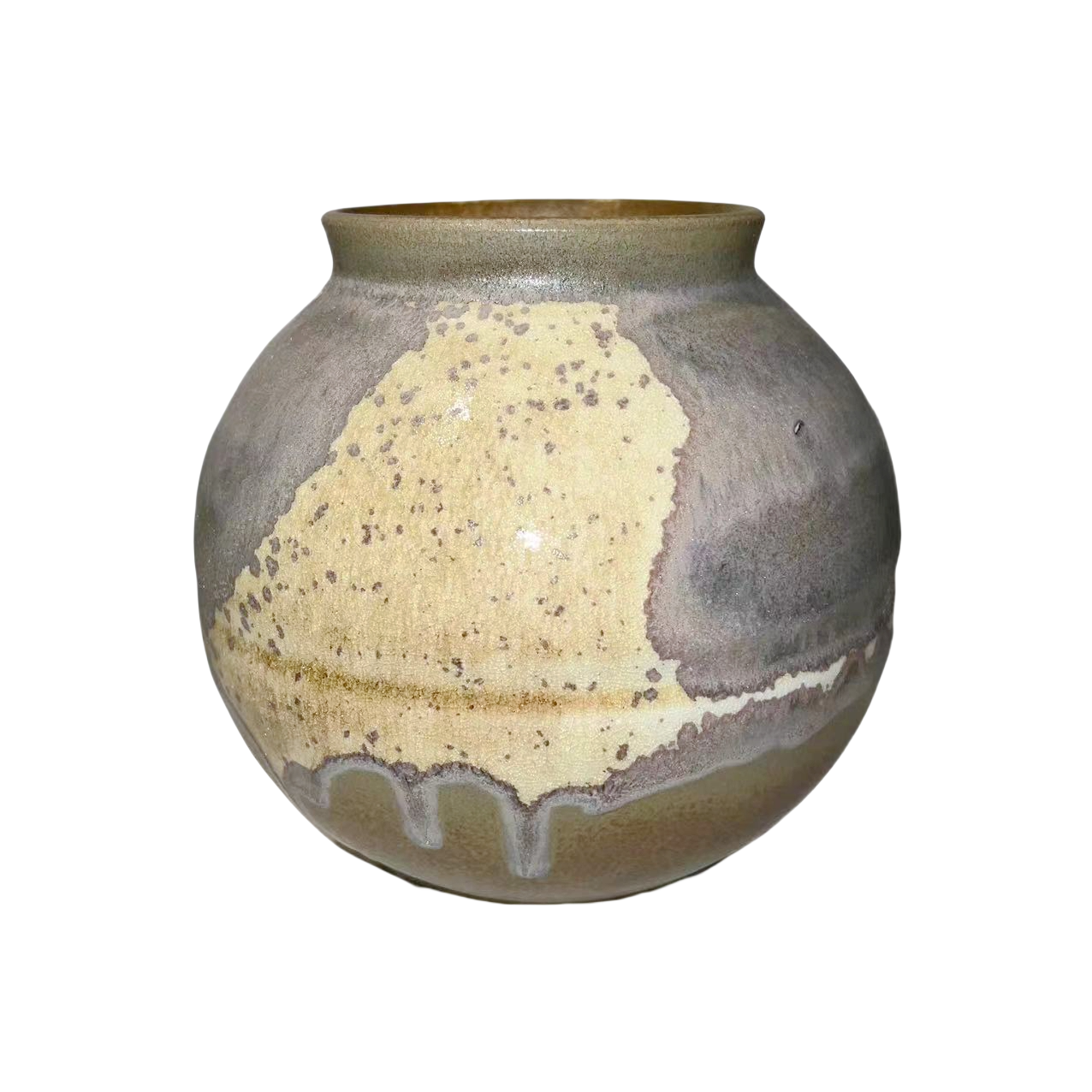 Yellow grey klin transformed abstract artist round handmade ceramic vase 16x15cm