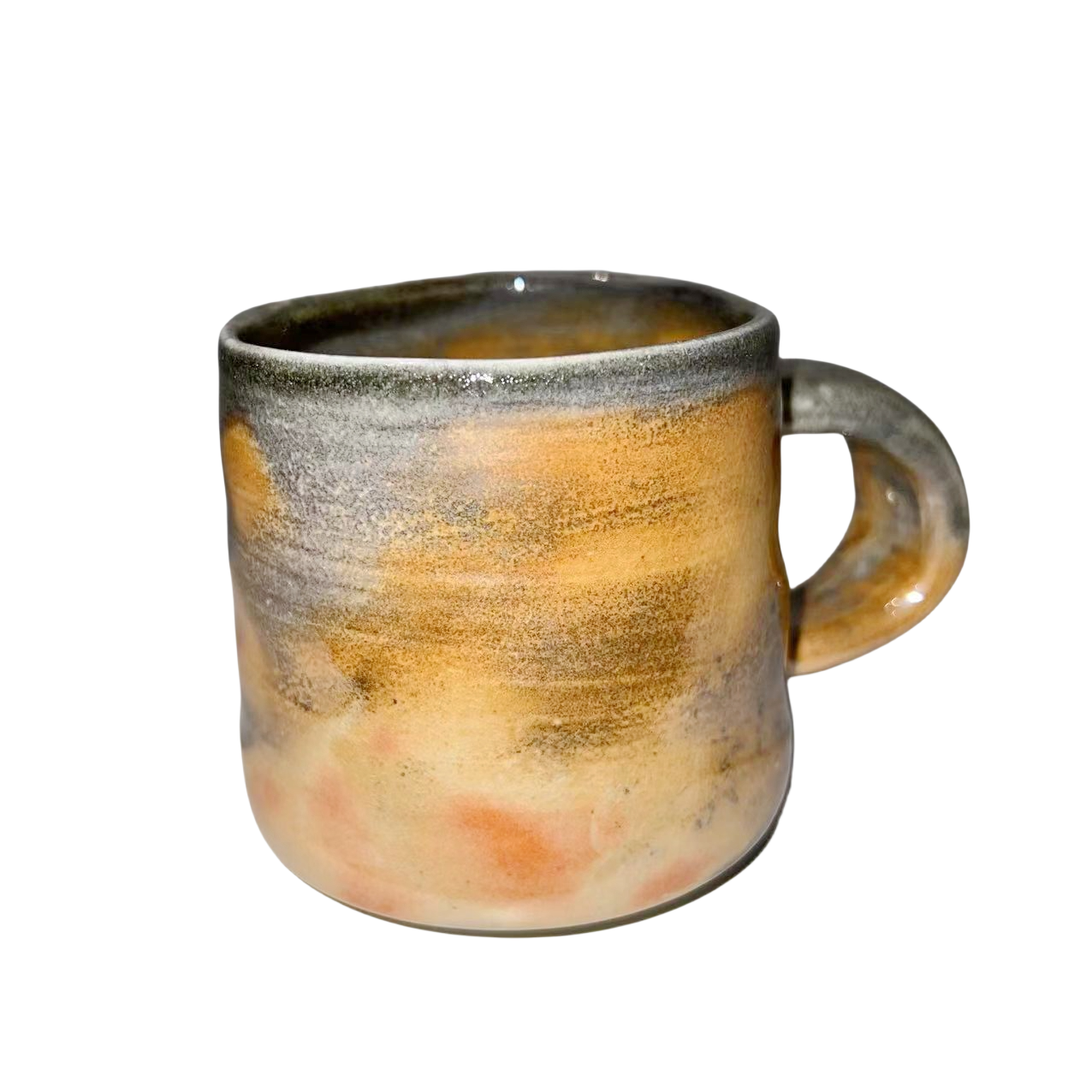 Orange grey klin transformed abstract artist handmade ceramic coffee cup 8.5x12cm (including cup ear diameter size)