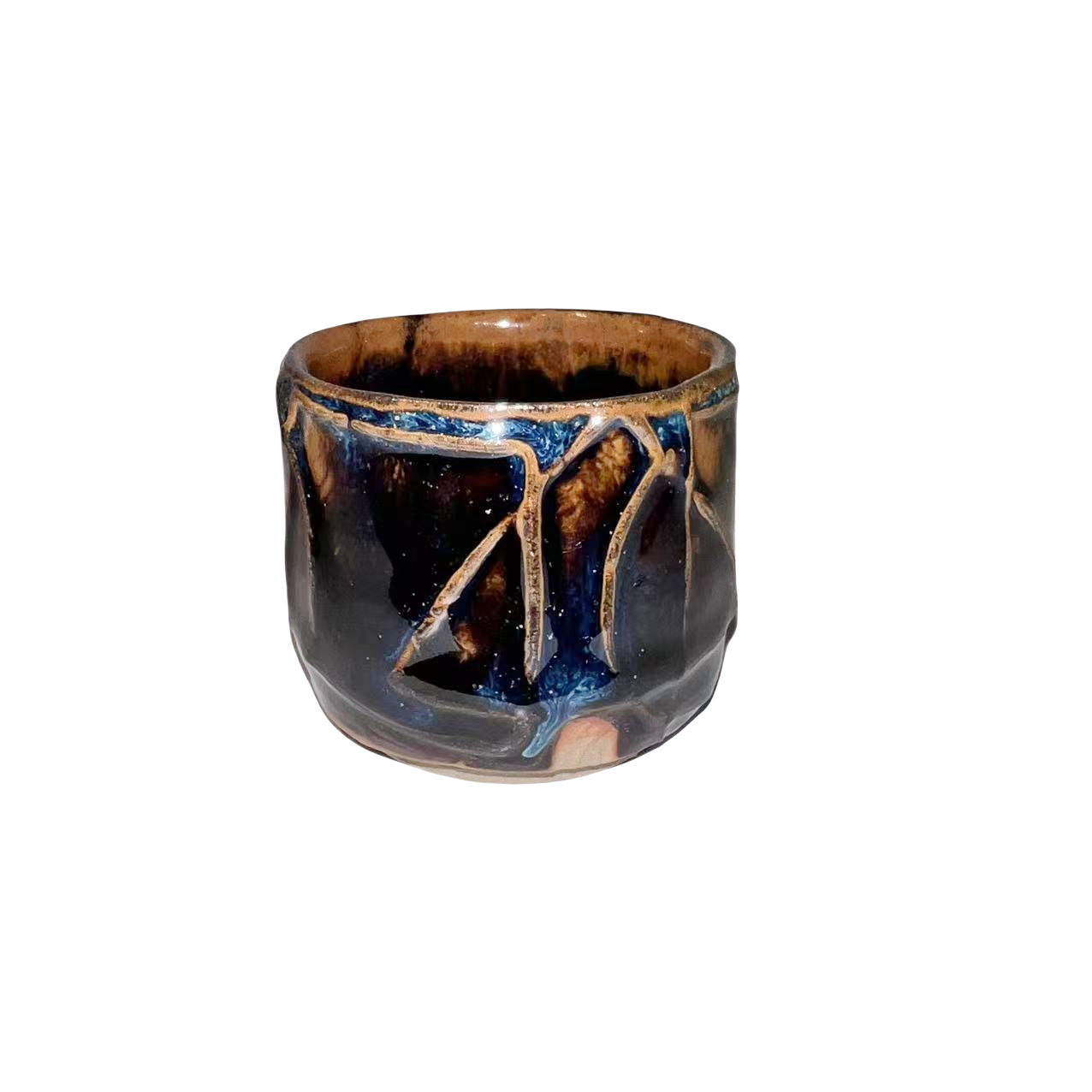 Brown blue color Japanese transformed abstract artist handmade ceramic tea cup 5x6cm