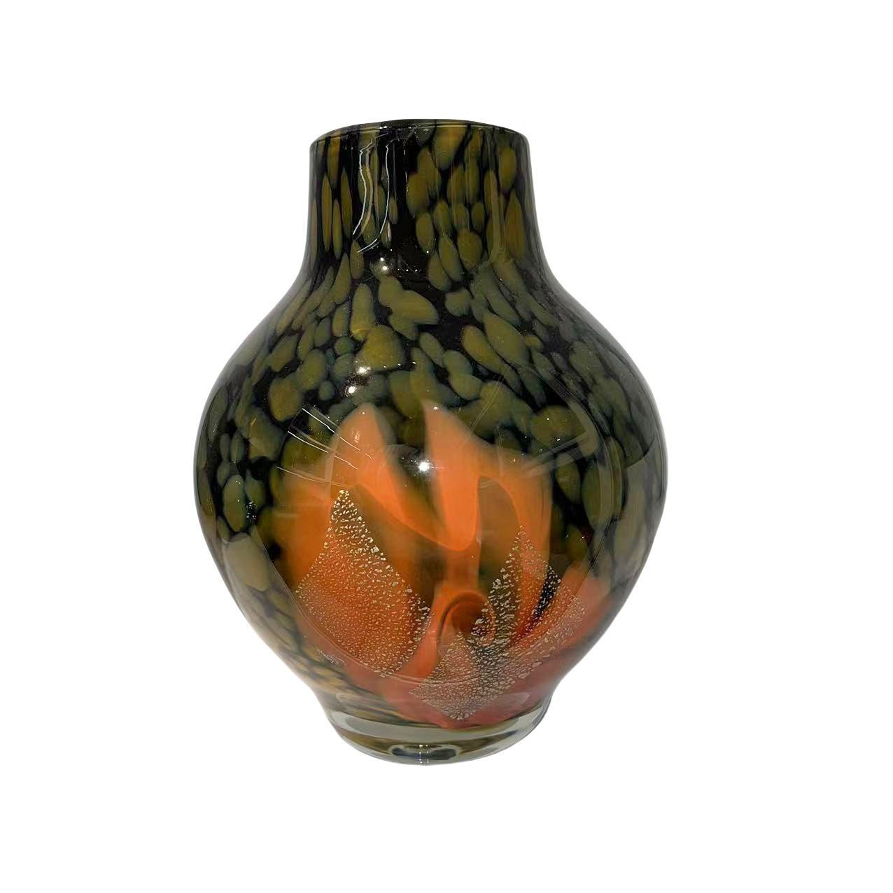 Orange brown handmade hand blown Artist colored glaze heavy glass vase 26x20cm