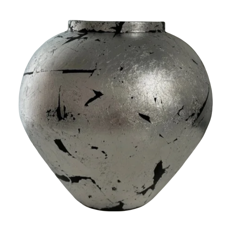 Silver rustic wabi-sabi style artist handmade scupltural ceramic vase 27x26cm