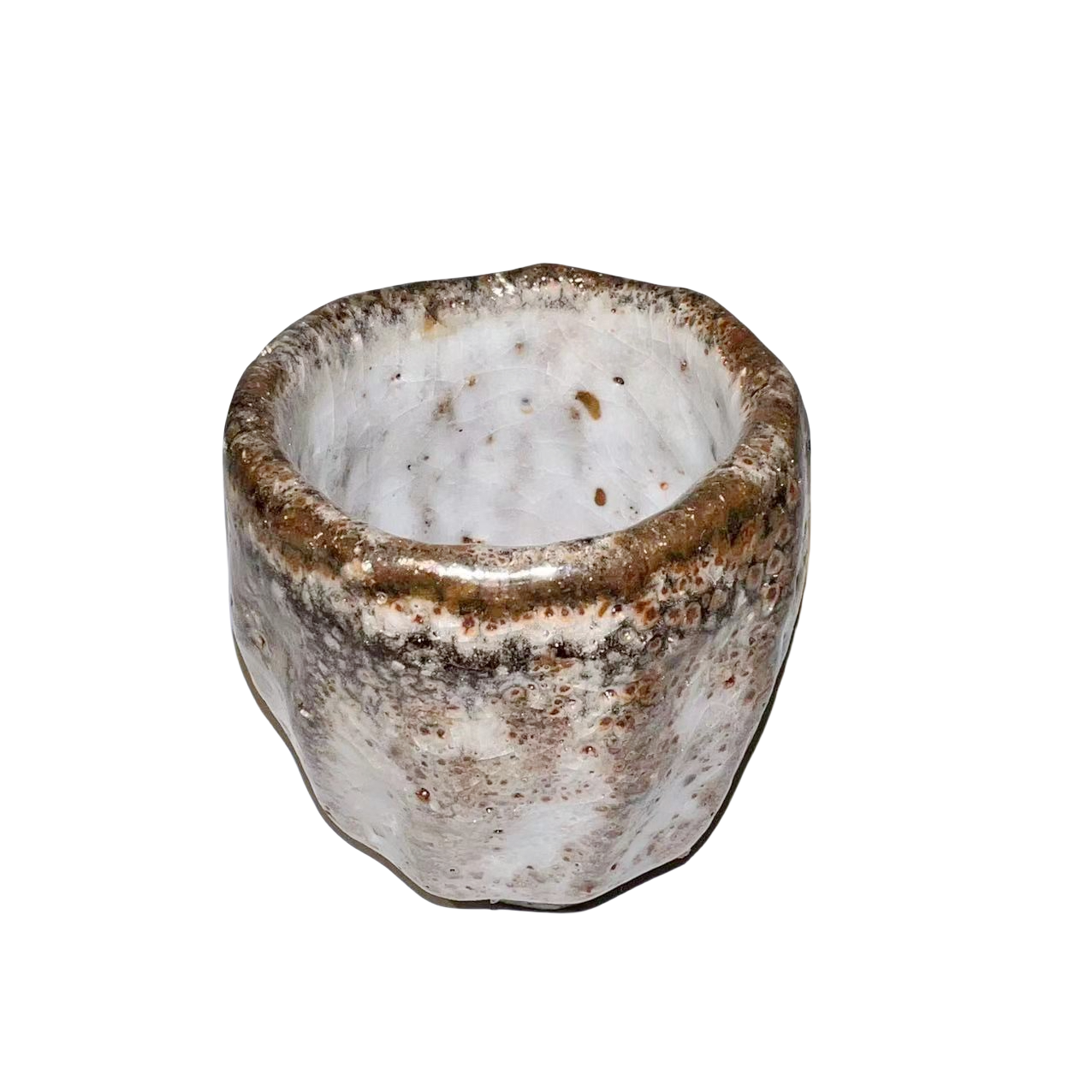 Brown white Shino ware 志野焼, Shino-yaki wood fired klin transformed abstract artist round handmade ceramic tea cup 7.5x6.5cm
