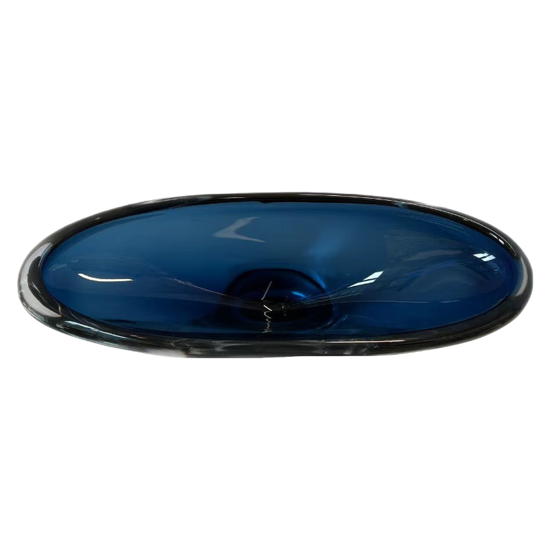 Blue fruit plate handmade hand blown crafted heavy colored glaze glass vase plate 13.5x36cm