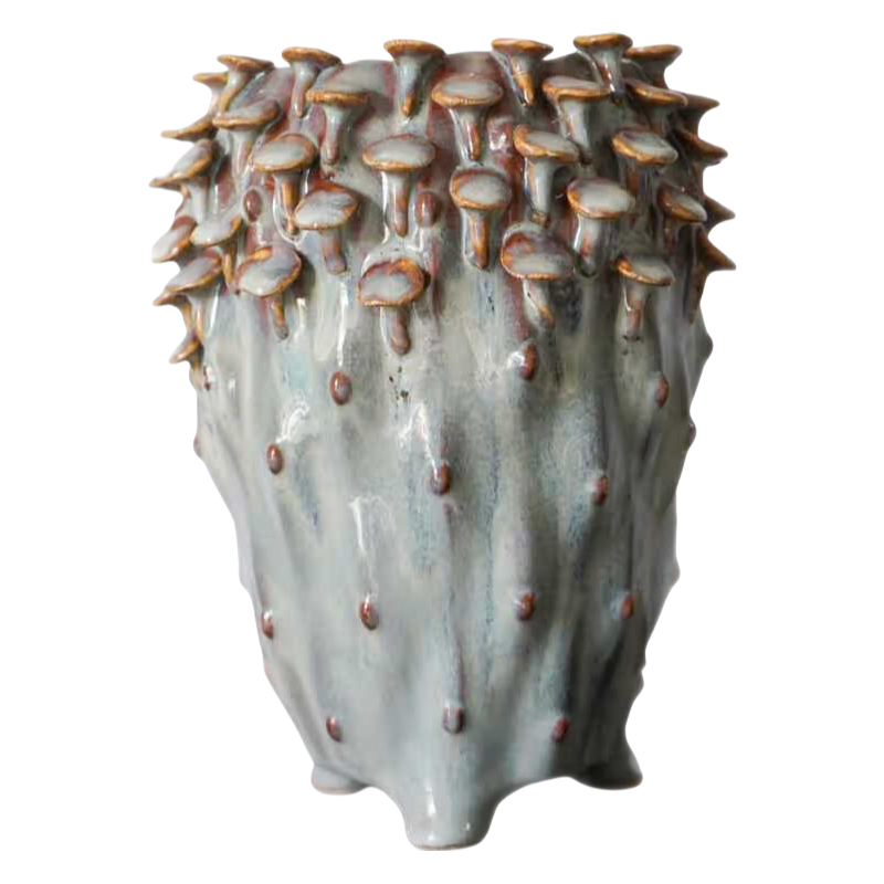 kiln-transformed handmade ceramic vase with mushroom shape carving 25x17cm