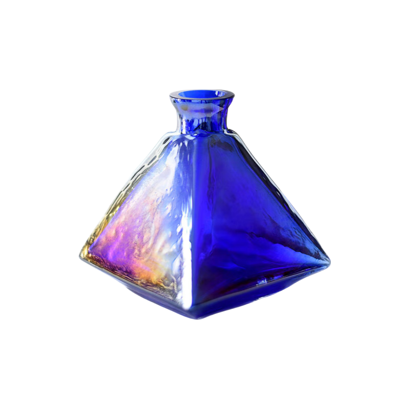 Blue purple Electroplated metal handmade hand blown baromatherapy glass empty bottle triangular geometric shape 9.5x10.5cm