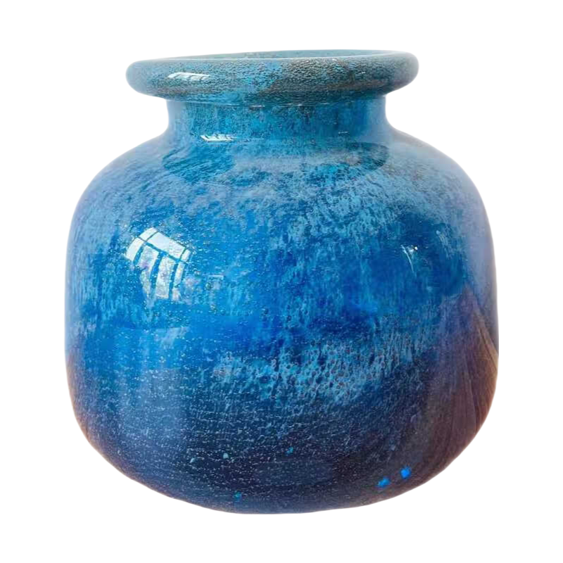 Blue abstract round handmade hand blown heavy glass vase 21x21cm
