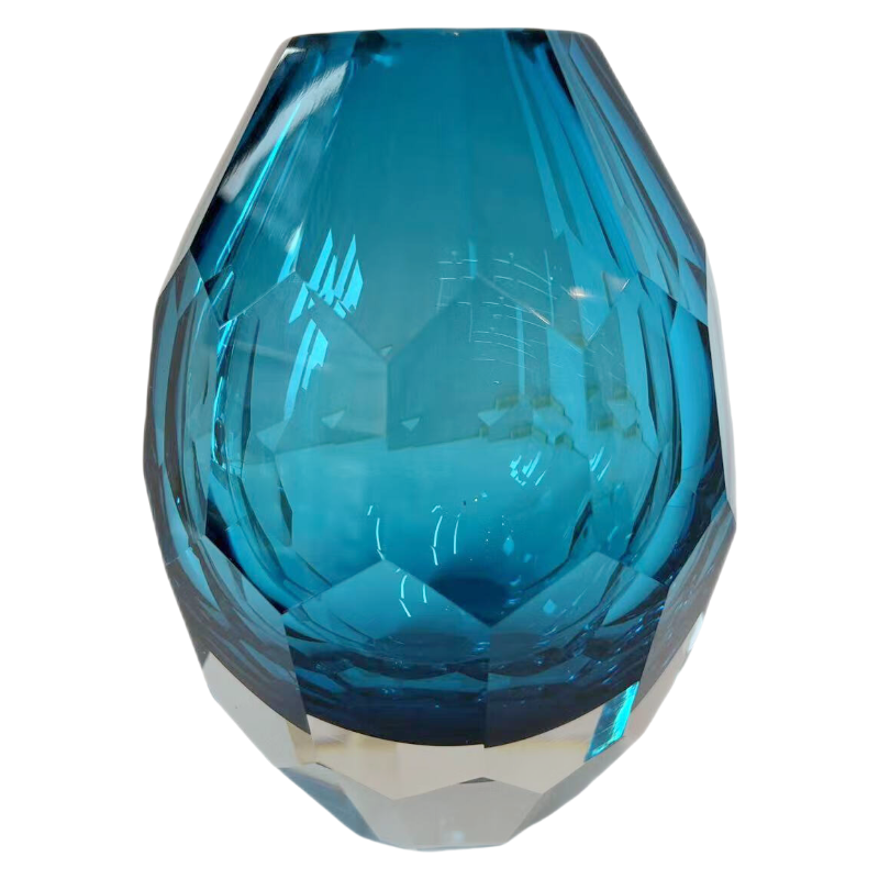 Blue crystal carved craft heavy handmade hand blown glass vase 17.5x12cm