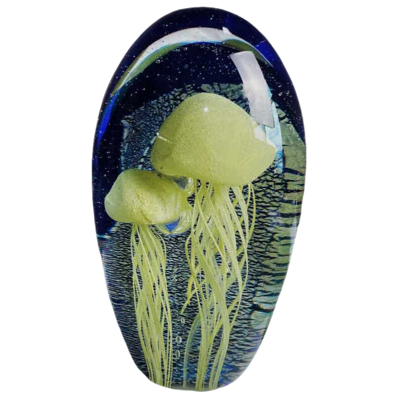 Blue yellow transparent Ocean World - handmade hand blown Jellyfish Art Glass Sculpture heavy colored glaze glass