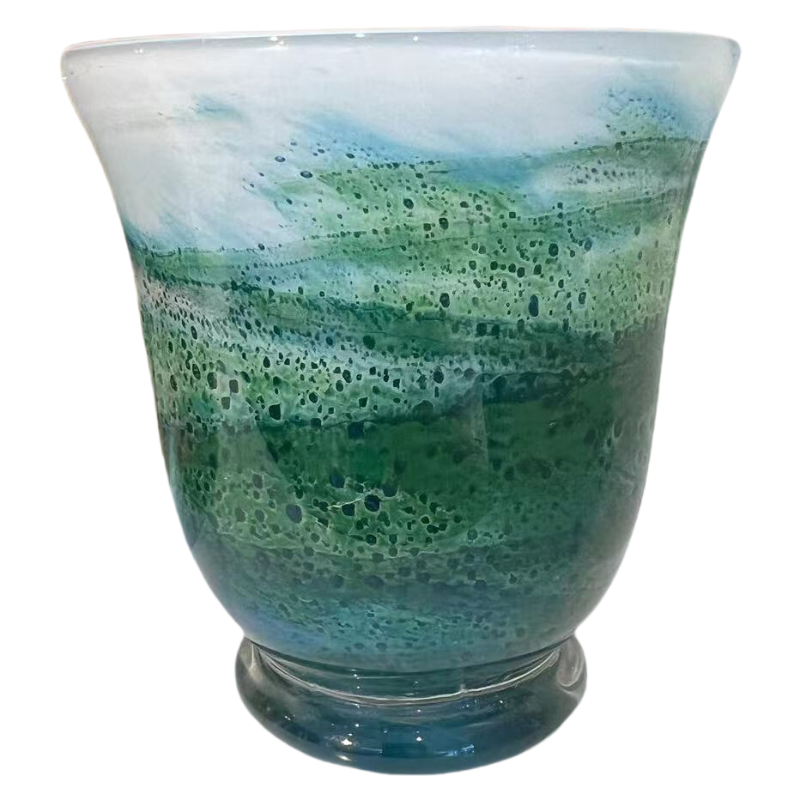 Green field abstract oil painting handmade hand blown glass candle holder bottle 11x10cm