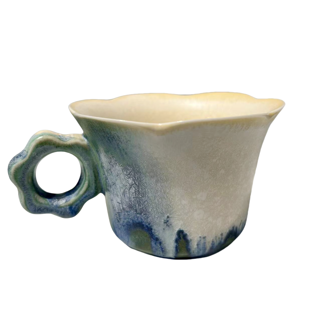 Beige green klin transformed handmade petal shape artist ceramic porcelain coffee cup tea cup