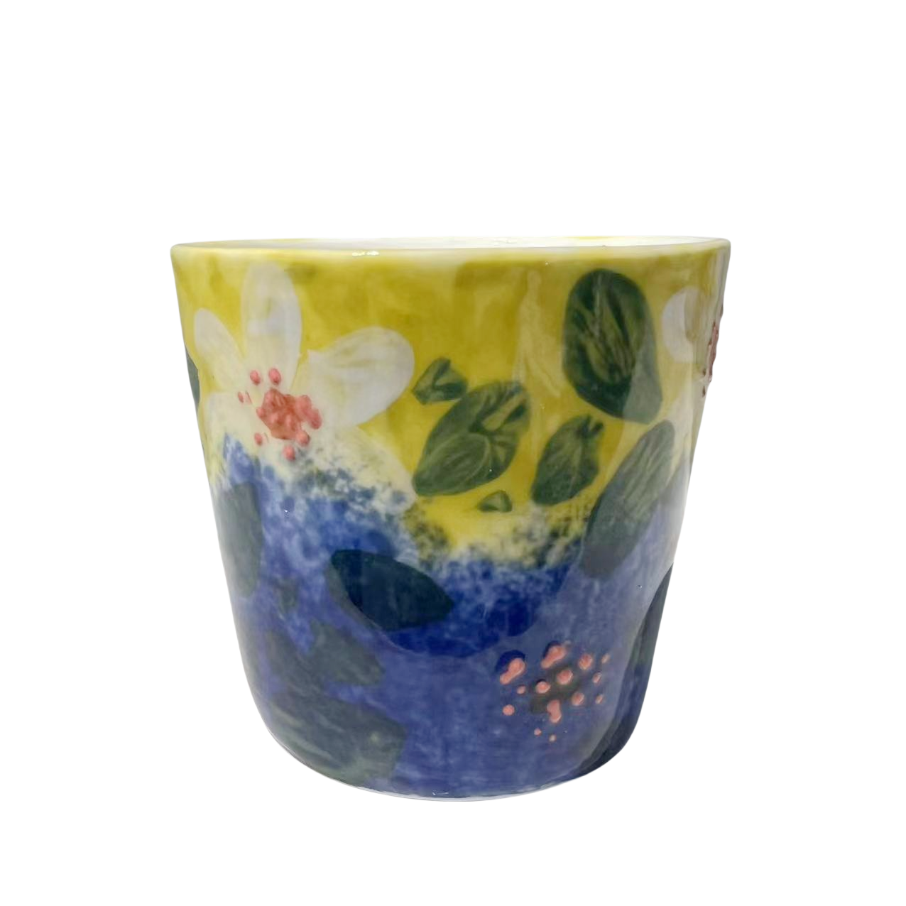 Yellow blue landscape nature handmade artist hand draw ceramic porcelain coffee cup tea cup 8x8.8cm