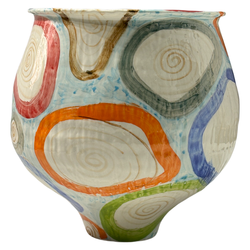 Orange blue colorful artist hand drawn handmade scupltural ceramic vase 25x26cm