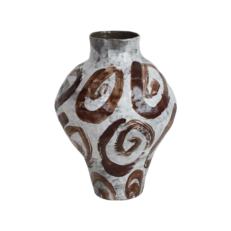 Grey and brown hand drawn wabi-sabi style zen art artist handmade scupltural ceramic vase 30x22cm